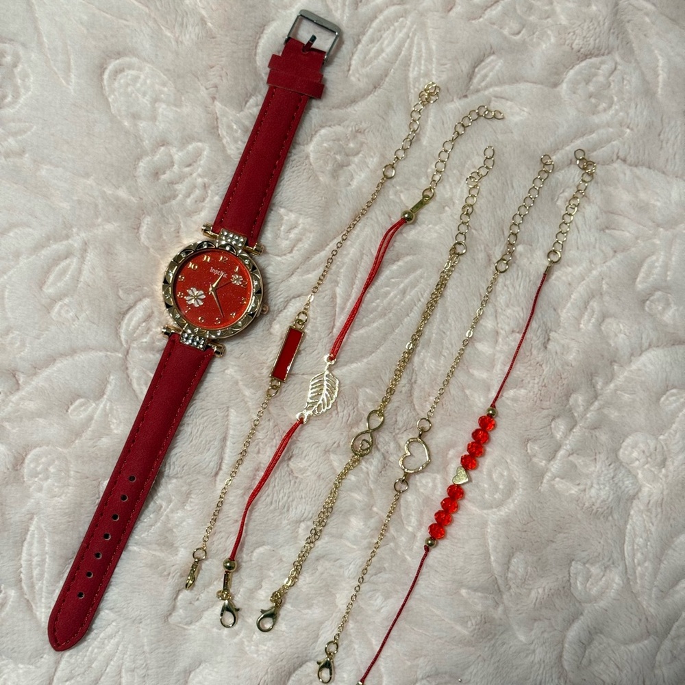 Elegant Red Watch and Bracelet Set